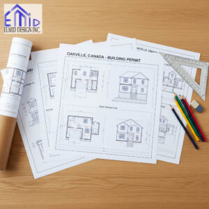 Building permit drawings for a residential project in Oakville, Canada, prepared by Elmid Design Inc engineering firm.