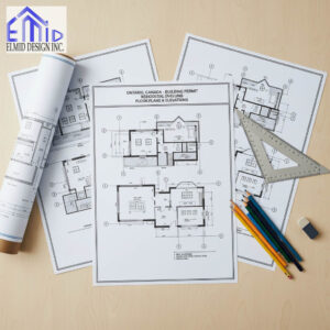 Architectural blueprints and floor plans for an Ontario building permit prepared by Elmid Design Inc, showing residential design layouts on a drafting table.
