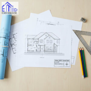 Architectural drawings and building permit plans for a residential project in Oshawa, prepared by Elmid Design Inc for Ontario Building Code compliance.