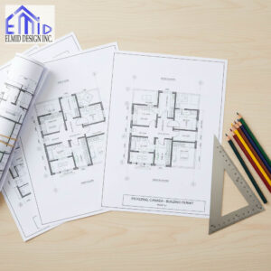 Architectural floor plans and blueprints for a Pickering Building Permit prepared by Elmid Design Inc, certified engineers in Ontario.