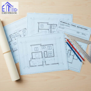 Architectural blueprints and Richmond Hill building permit documents on a desk representing residential construction and design approval by Elmid Design Inc.