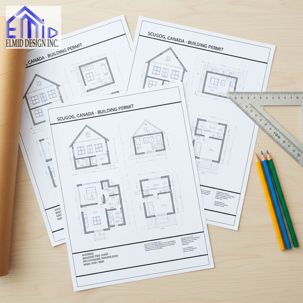 Building permit plans for residential construction in Scugog, Ontario prepared by Elmid Design Inc engineers for permit application approval.