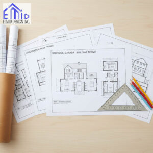 Architectural drawings and building permit plans for a residential project in Uxbridge, Ontario, prepared for permit approval by Elmid Design Inc.