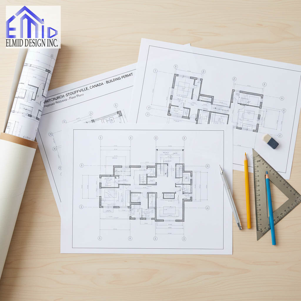 Building permit drawings and architectural plans for a residential project in Whitchurch-Stouffville, Ontario, prepared by Elmid Design Inc for structural and permit approval.