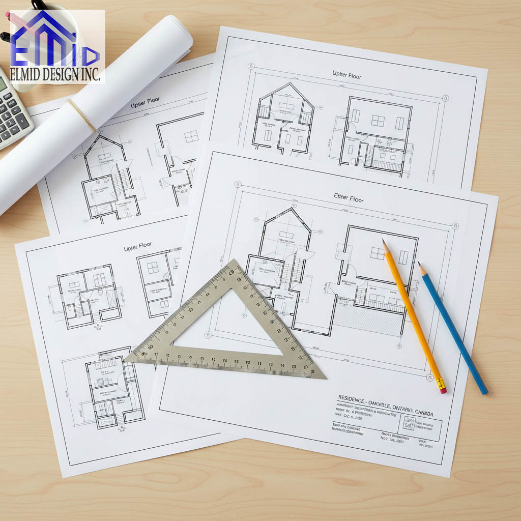 Building Permit Drawing Oakville plans on a desk showing architectural layouts and drafting tools prepared by Elmid Design Inc for residential renovation approvals.