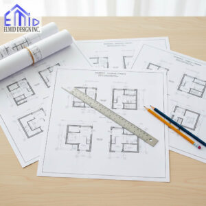 Building permit drawing Vaughan plans on a desk with pencils and ruler prepared by Elmid Design Inc for city permit approval.