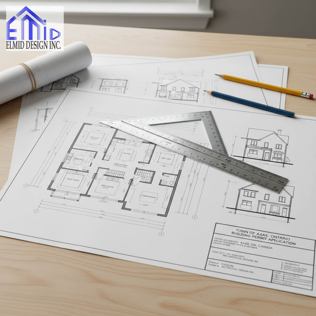 Building permit drawings for a residential project in Ajax, Ontario, prepared by Elmid Design Inc, a licensed engineering firm authorized by Professional Engineers Ontario.
