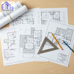 Building permit drawings for a residential project in Brampton, Ontario prepared by Elmid Design Inc with pencils, ruler, and blueprints on a wooden desk.