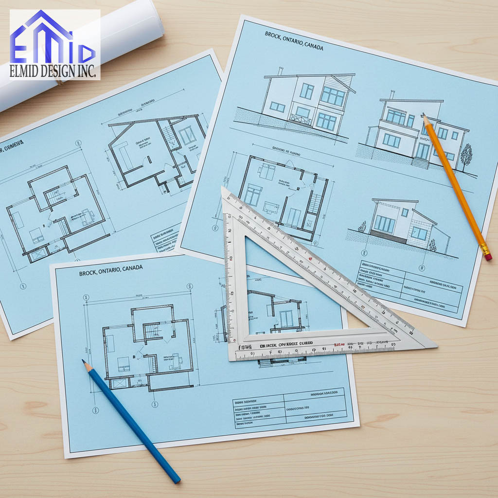 Building permit drawings Brock showing architectural and structural blueprints prepared for Township of Brock projects.
