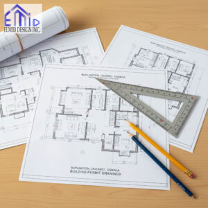 Building permit drawings for a Burlington Ontario project displayed with drafting tools, showing architectural plans prepared for residential permit approval.
