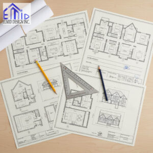 Building permit drawings for residential projects in Caledon prepared by Elmid Design Inc, showing architectural plans, pencils, and drafting tools on a workspace.