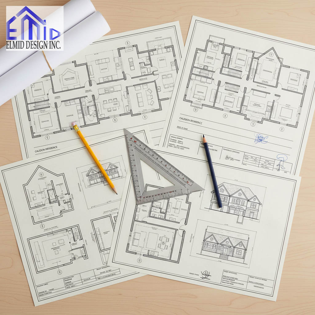 Building permit drawings for residential projects in Caledon prepared by Elmid Design Inc, showing architectural plans, pencils, and drafting tools on a workspace.