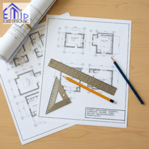 Building permit drawings Clarington showing detailed residential plans and drafting tools prepared by Elmid Design Inc for municipal approval.