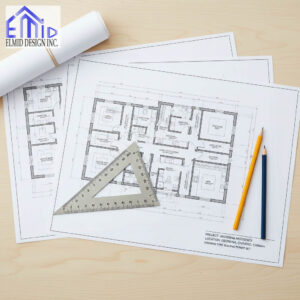 Building permit drawings for a residential project in Georgina, Ontario prepared by Elmid Design Inc with pencils and drafting tools on a desk.