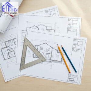 Building permit drawings for a residential project in Innisfil, Ontario prepared by Elmid Design Inc with pencils and drafting tools on a desk.