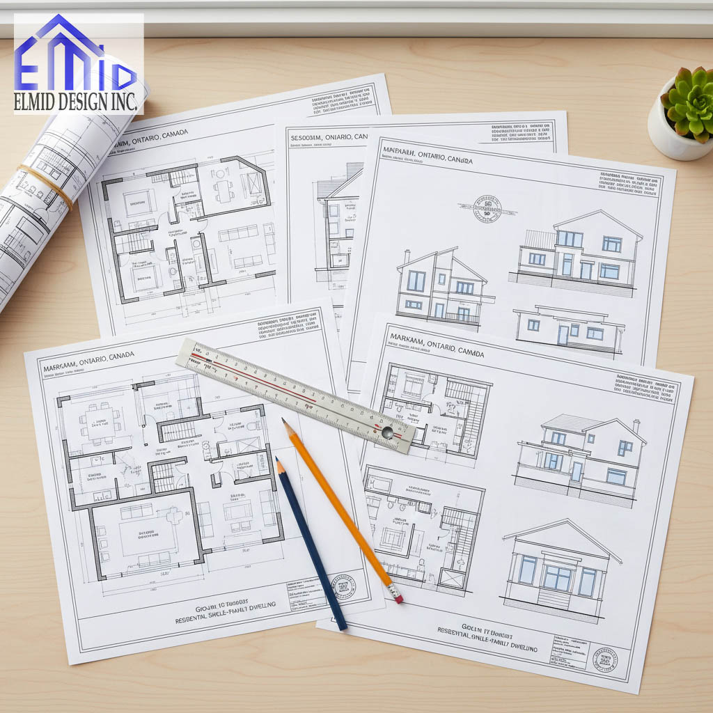 Detailed building permit drawings for residential projects in Markham, Ontario, prepared by Elmid Design Inc, a PEO-certified engineering firm.