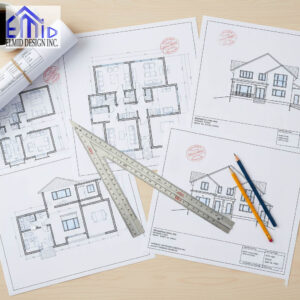 Building permit drawings for a residential project in Mississauga, Ontario prepared by Elmid Design Inc with pencils, rulers, and blueprints on a desk.