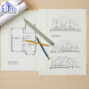 Building permit drawings Ontario showing detailed residential plans and drafting tools prepared by Elmid Design Inc for provincial permit approval.