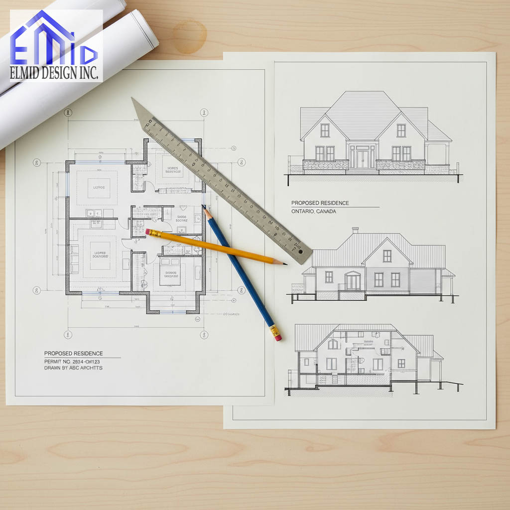 Building permit drawings Ontario showing detailed residential plans and drafting tools prepared by Elmid Design Inc for provincial permit approval.