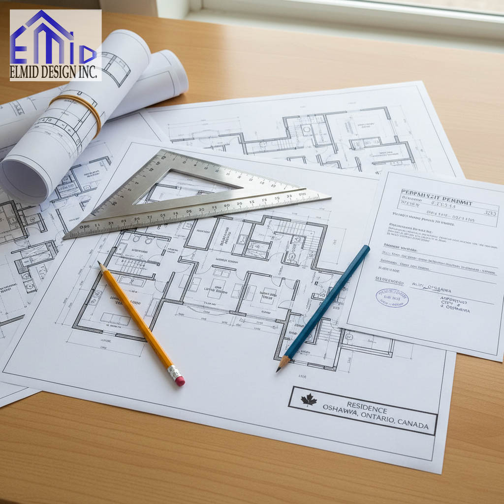 Building permit drawings and architectural plans for a residential project in Oshawa, Ontario, prepared by Elmid Design Inc, a licensed engineering firm authorized by Professional Engineers Ontario.