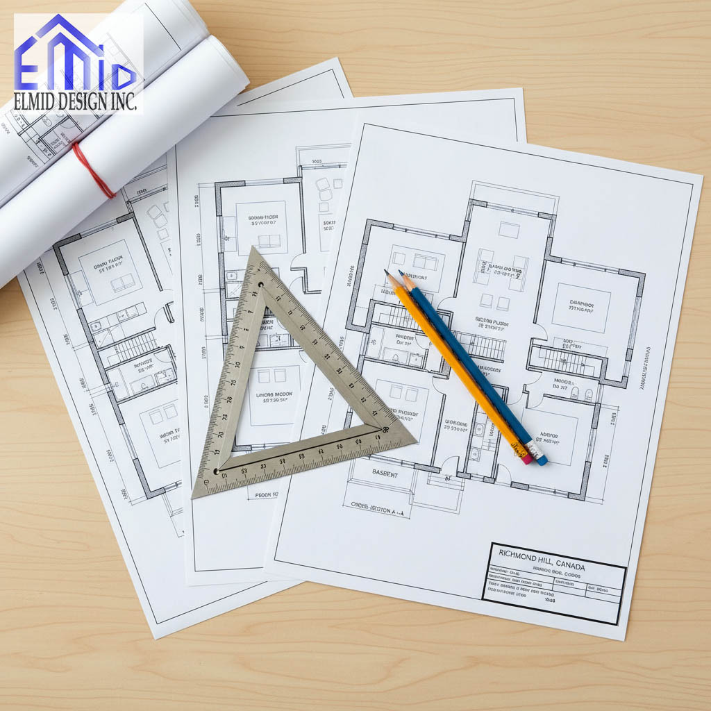 Professional building permit drawings for residential projects in Richmond Hill, created by Elmid Design Inc, a PEO-certified engineering firm.