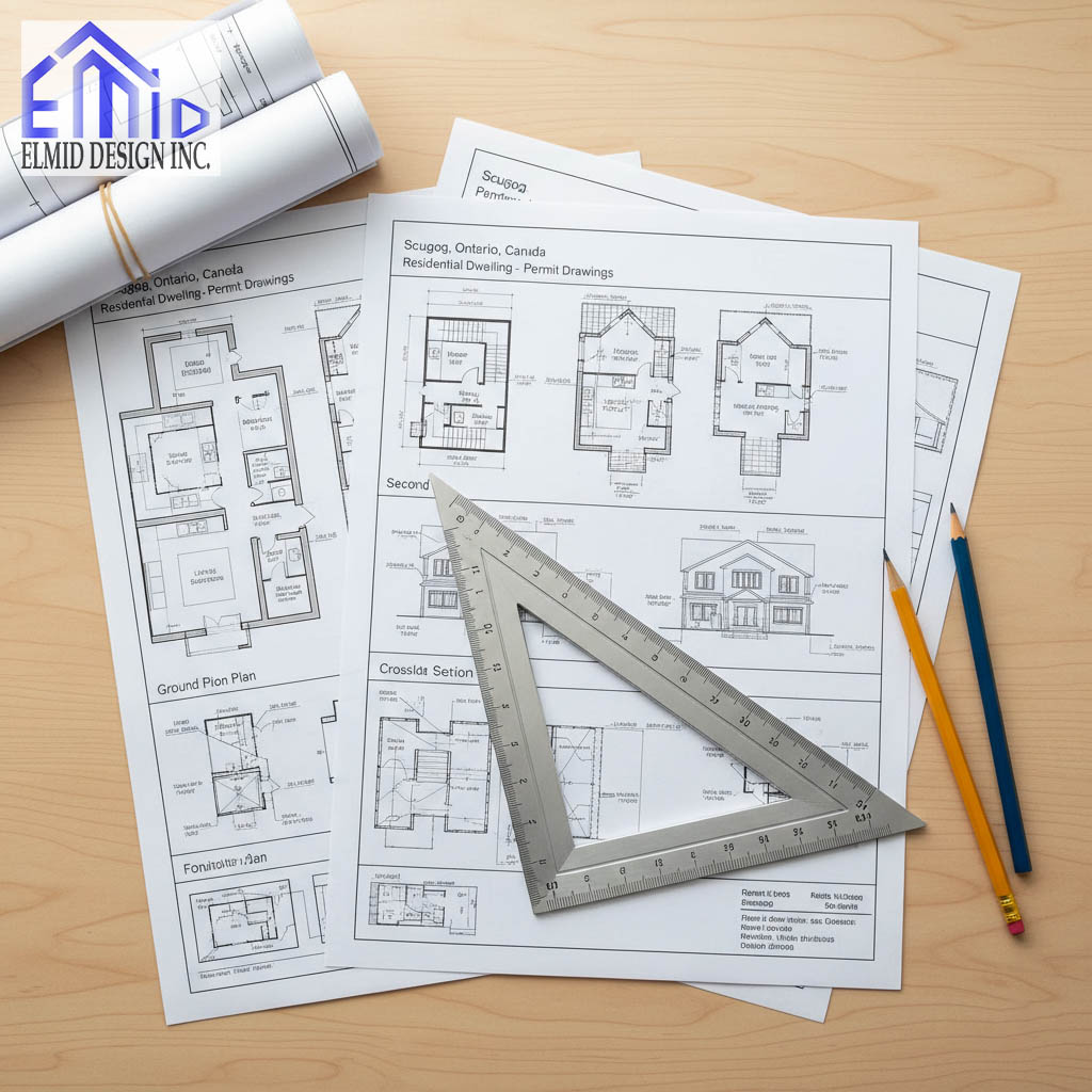 Building permit drawings Scugog showing residential floor plans and drafting tools prepared by Elmid Design Inc for township permit approval.