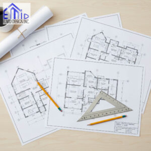 Building permit drawings for an Uxbridge project showing architectural floor plans and drafting tools used for permit preparation.