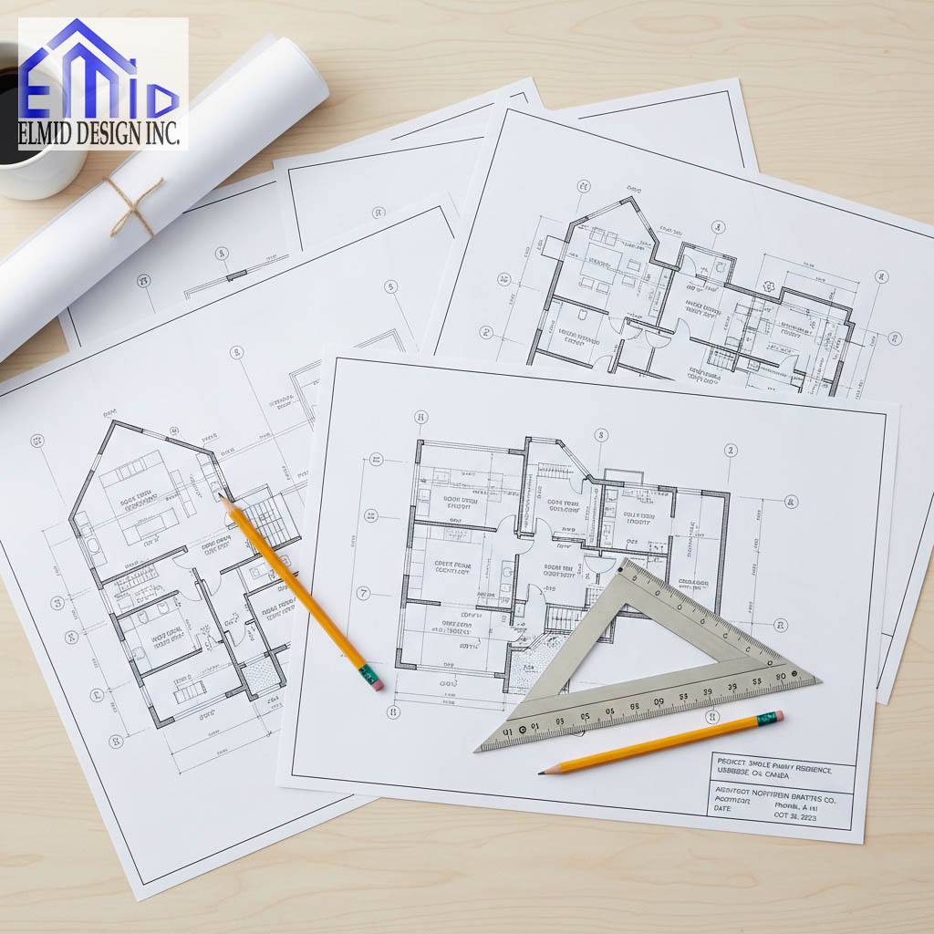 Building permit drawings for an Uxbridge project showing architectural floor plans and drafting tools used for permit preparation.