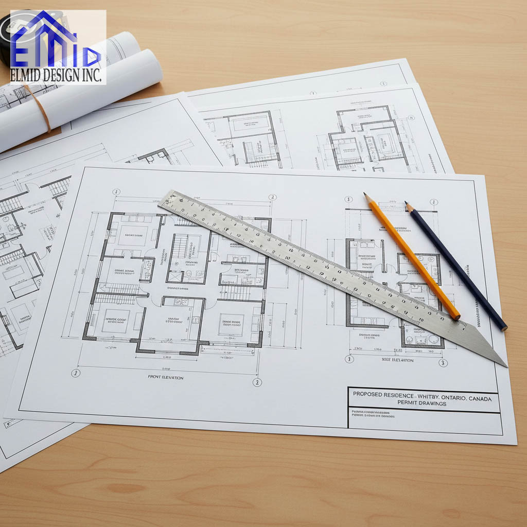Building permit drawings Whitby showing detailed residential floor plans and drafting tools prepared by Elmid Design Inc for permit approval.
