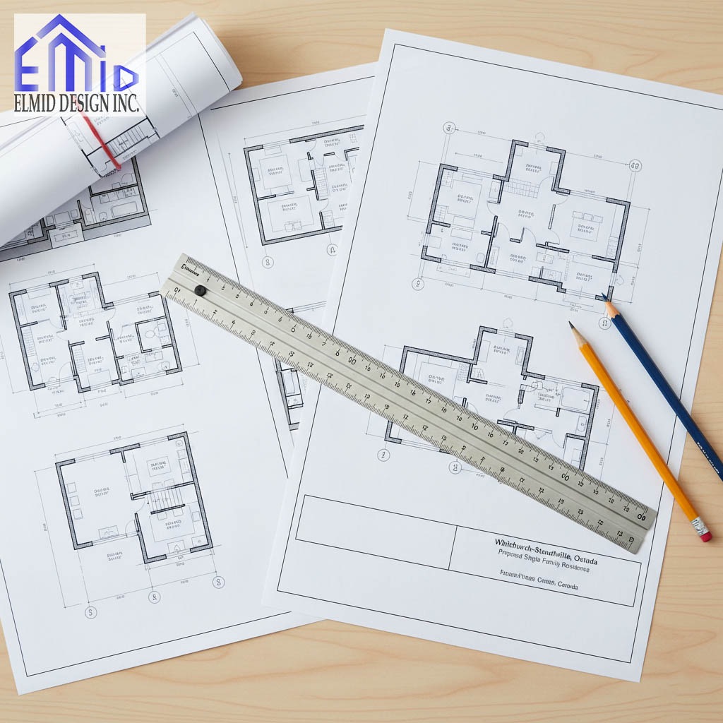 Building permit drawings for a Whitchurch-Stouffville project showing architectural plans and drafting tools used for permit approval.