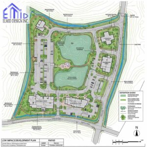 Stormwater management Caledon site plan showing low impact development with bioswales, rain gardens, green roofs, and permeable pavements.