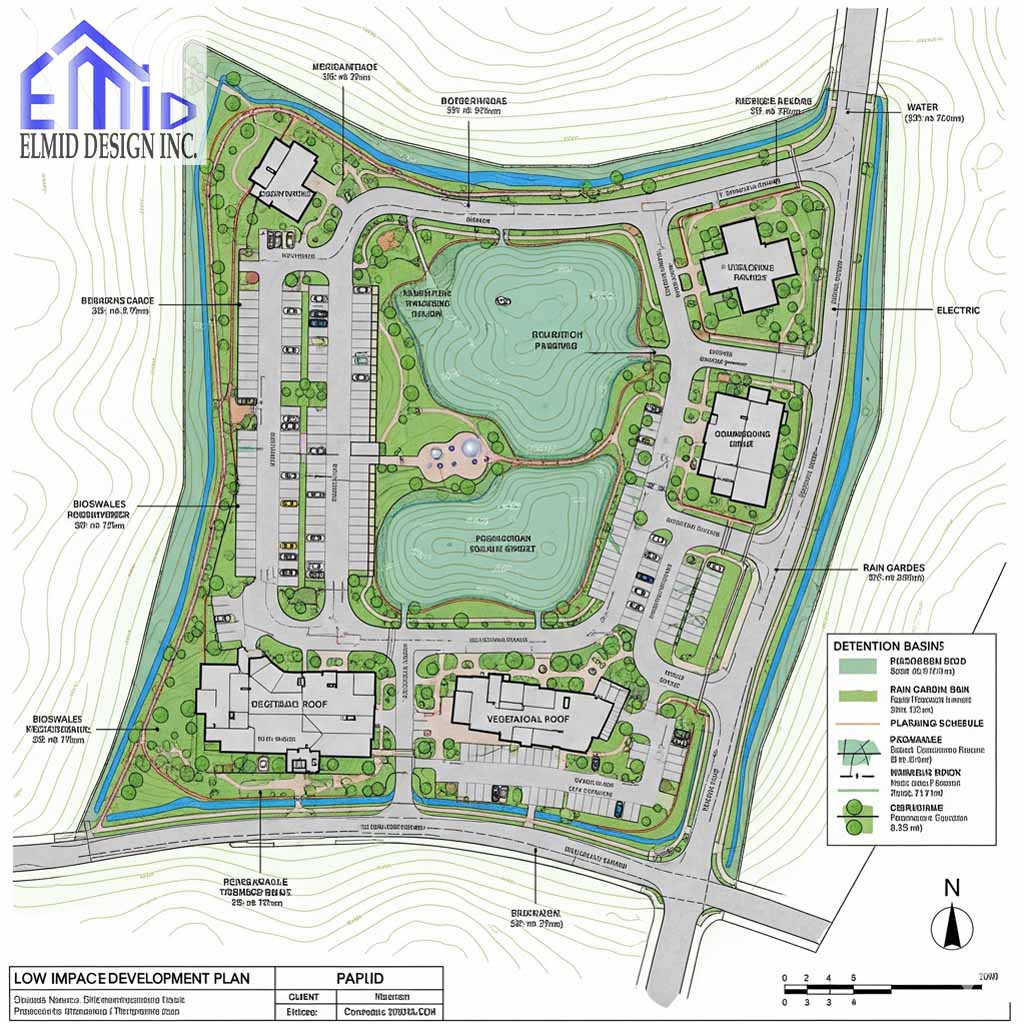Stormwater management Caledon site plan showing low impact development with bioswales, rain gardens, green roofs, and permeable pavements.