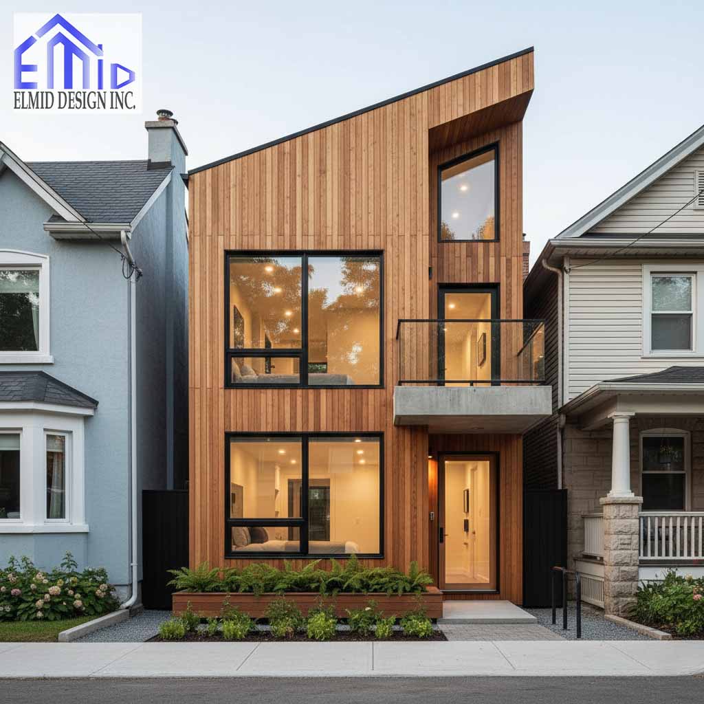 Modern laneway suite in Ajax with vertical wood siding and large front windows.