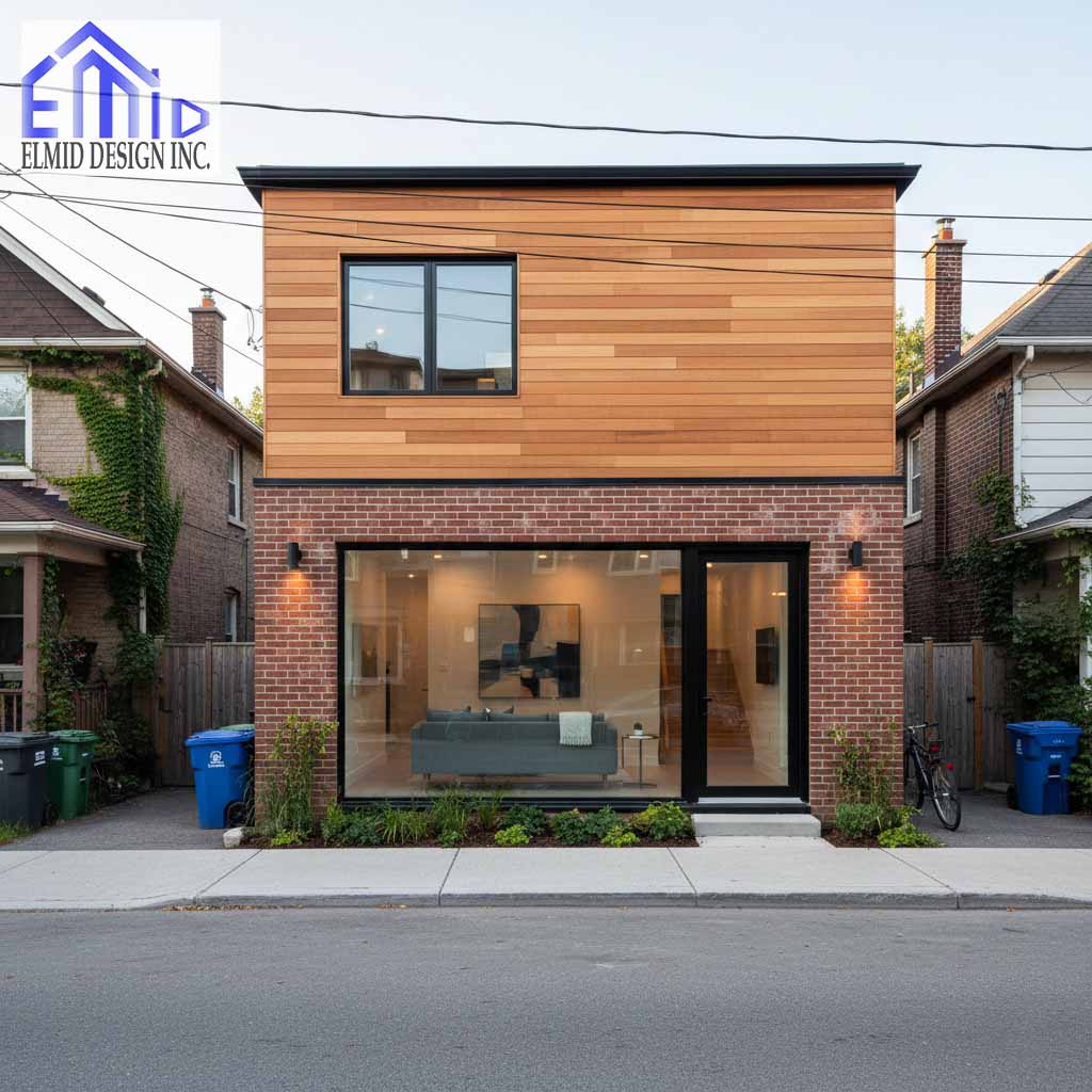 Modern laneway suite in Brampton with brick and wood exterior and large front windows.