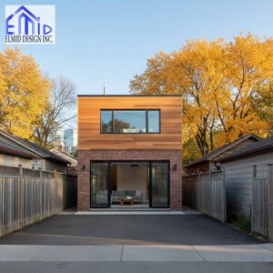 Modern laneway suite Burlington with cedar and brick exterior shown between two garages.