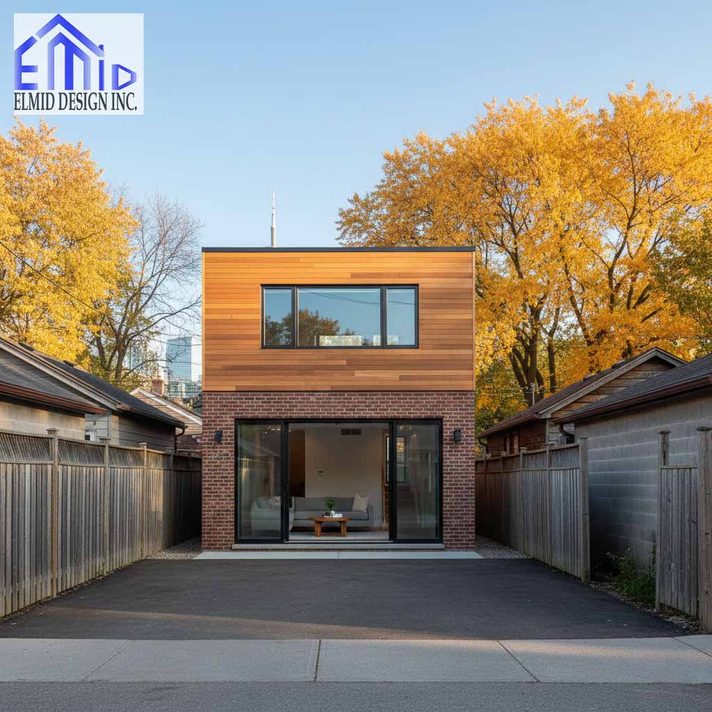 Modern laneway suite Burlington with cedar and brick exterior shown between two garages.