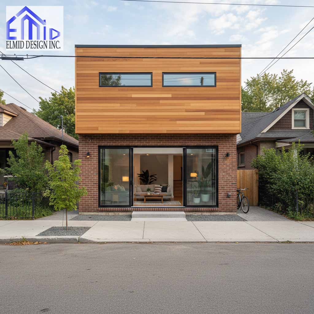 Modern laneway suite East Gwillimbury with cedar cladding and brick base facing the street.