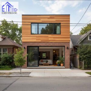 Modern laneway suite in Halton Hills with brick and wood exterior and large open front window.
