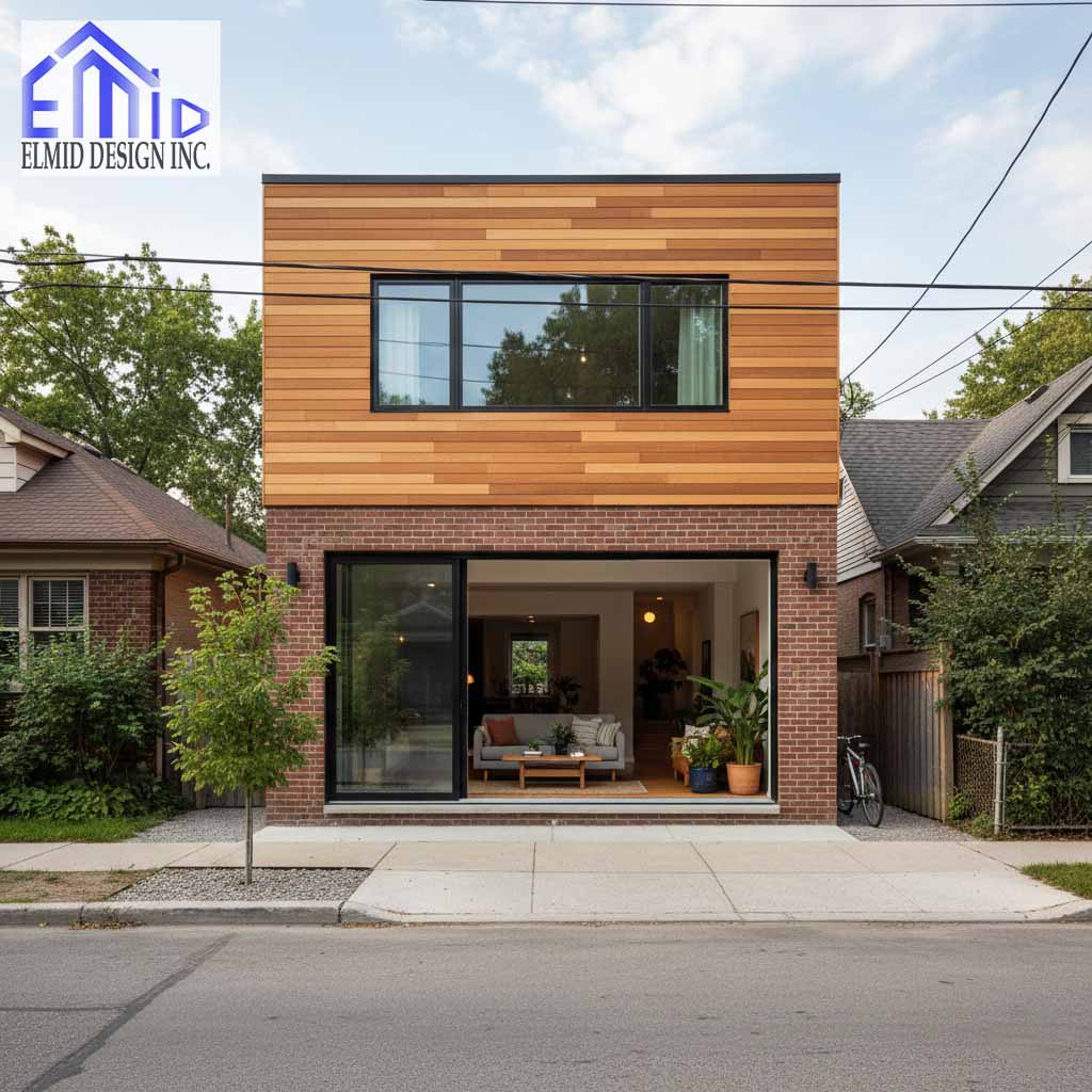 Modern laneway suite in Halton Hills with brick and wood exterior and large open front window.