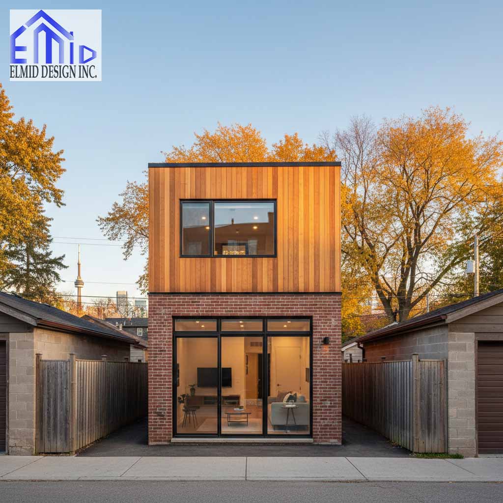 Modern laneway suite in Innisfil with wood and brick exterior and large front windows.