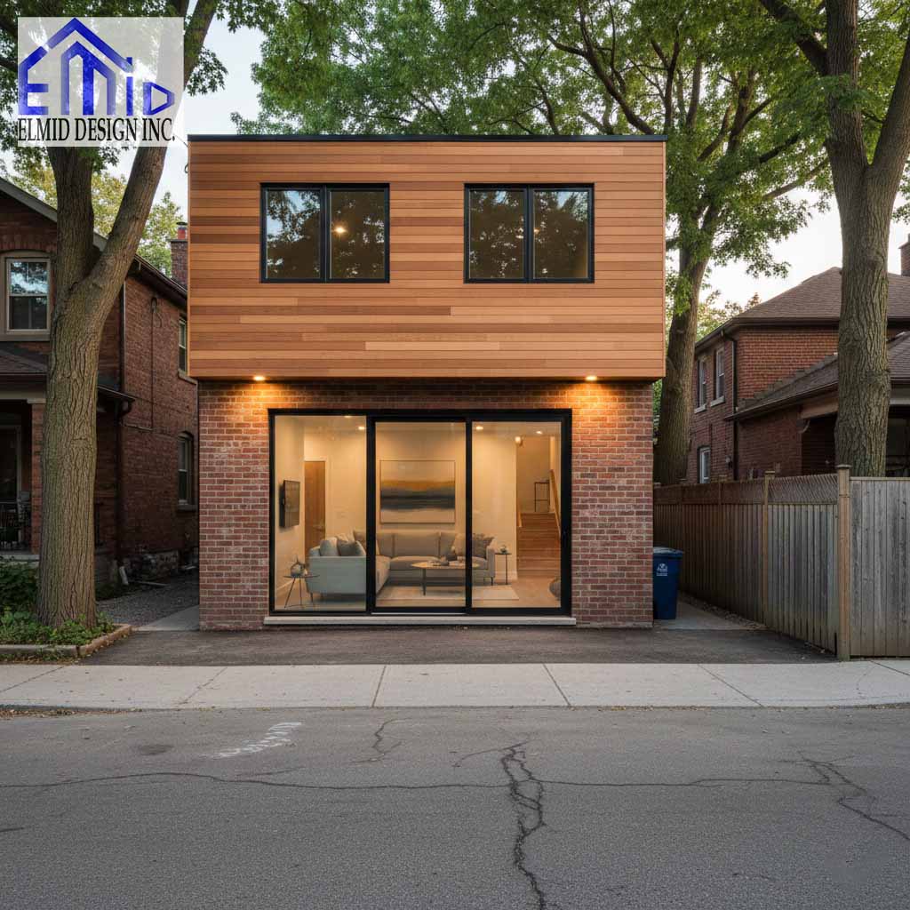 Modern laneway suite in Milton with brick base and wood upper facade featuring large front windows.