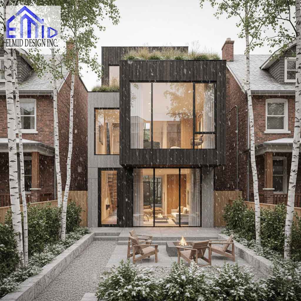 Modern laneway suite in Mississauga with large glass windows and landscaped backyard.