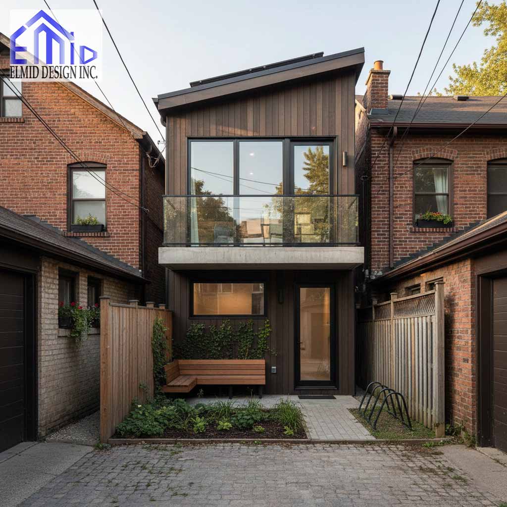 Modern laneway suite in Oakville with wood exterior, balcony, and landscaped entry.