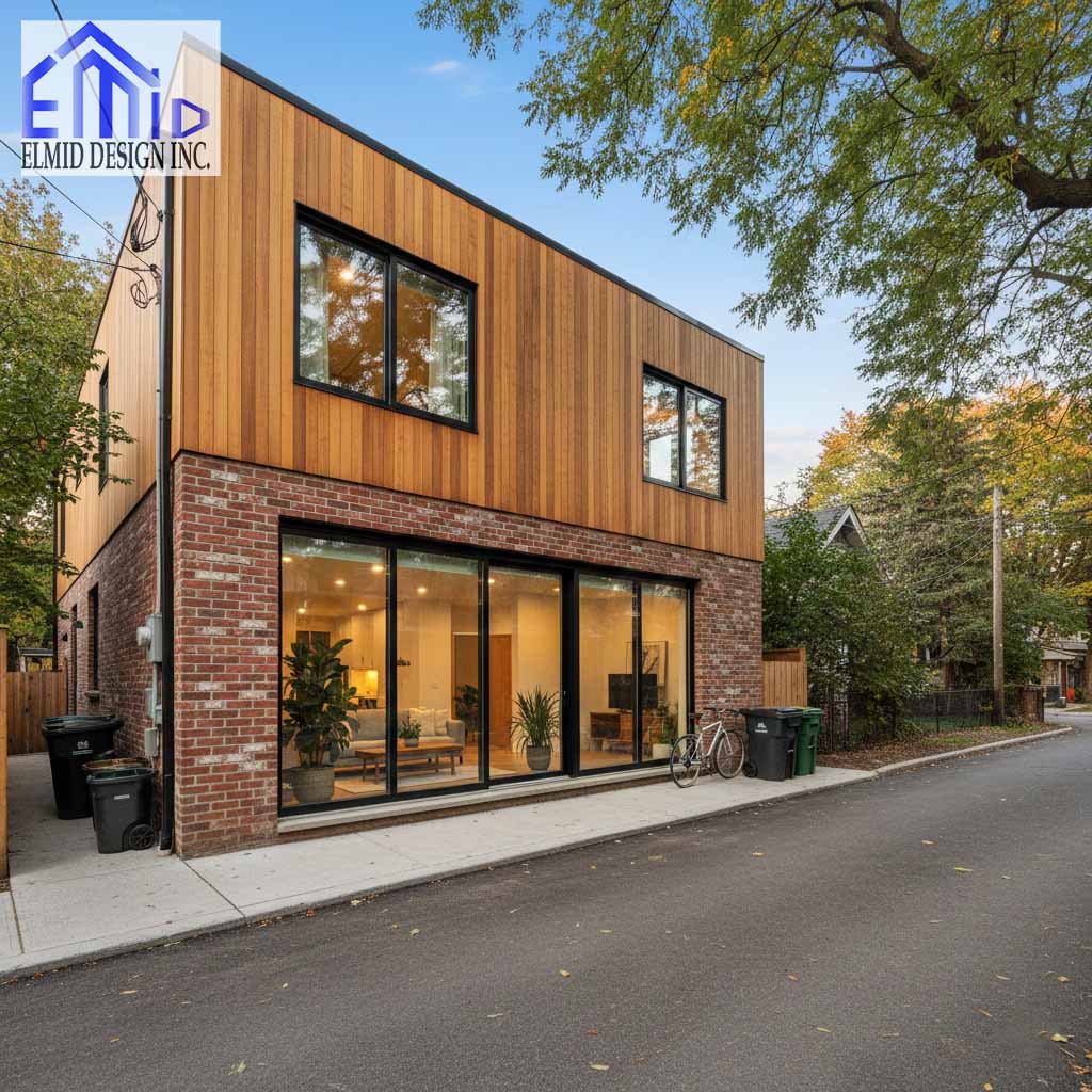 Modern laneway suite in Oshawa with wood and brick exterior and large street-facing windows.
