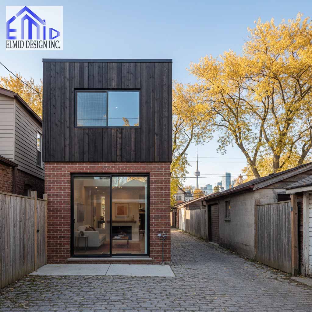 Modern laneway suite in Pickering with dark wood and brick exterior along a residential laneway.