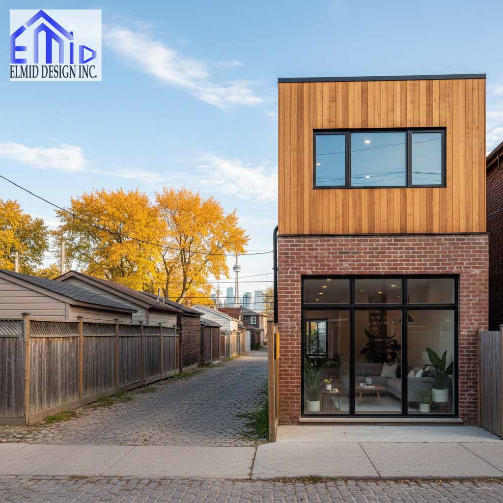 Modern laneway suite in Uxbridge featuring wood cladding, large windows, and a bright contemporary design.