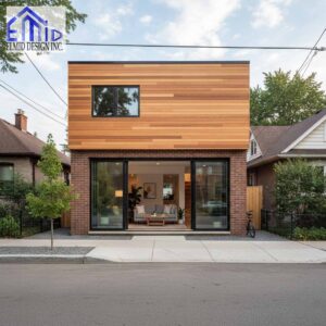 Modern laneway suite Whitchurch-Stouffville with cedar cladding and full-width glass front.