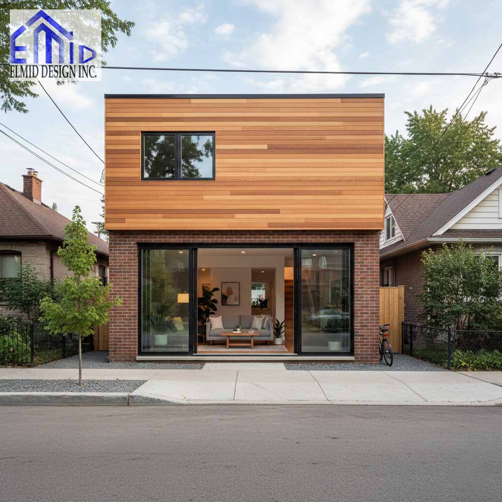 Modern laneway suite Whitchurch-Stouffville with cedar cladding and full-width glass front.