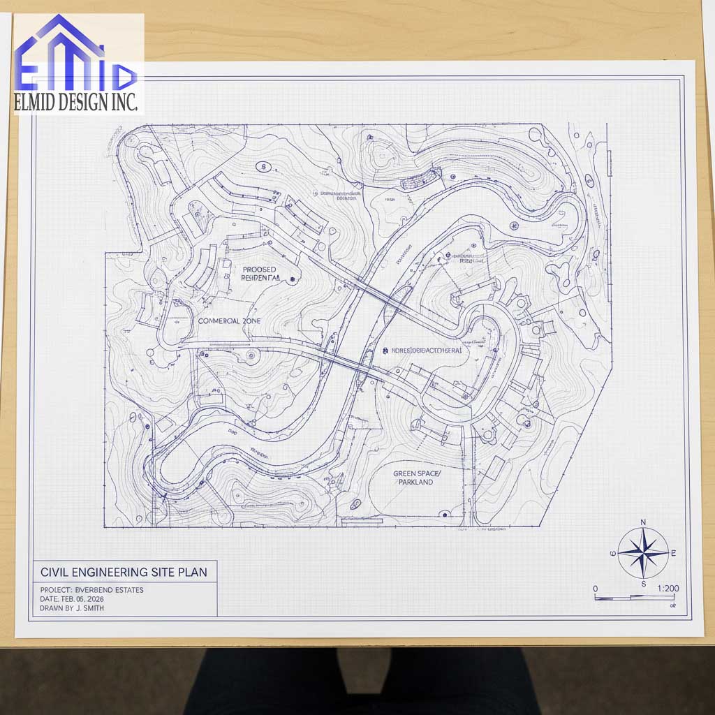 Civil engineering drawings Ajax showing detailed subdivision site plan with grading contours, road layouts, drainage paths, and land use zones.