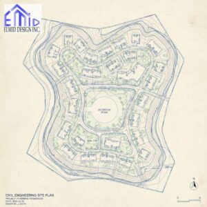 Civil engineering drawings Aurora site plan showing grading contours, roadway layout, building footprints, and detention pond for residential development.